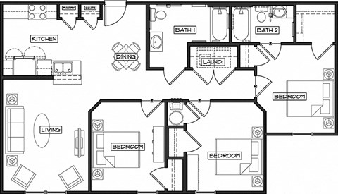 Floor plan for 3 beds, 2 baths, 1130 sqft